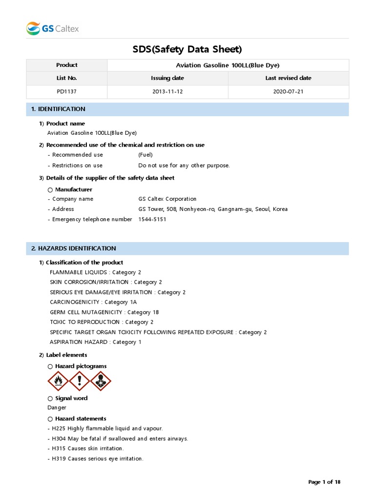 MSDS 20200728 PD1137 Aviation Gasoline 100LL (Blue Dye) en 4.0 PDF