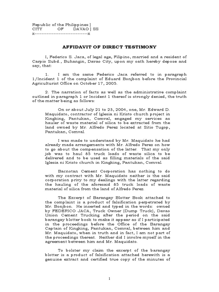 Davao City Affidavit of Direct Testimony | PDF | Affidavit | Justice