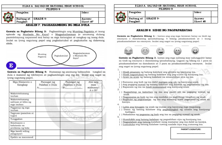 q2 Aralin 78 Answer Sheet PDF