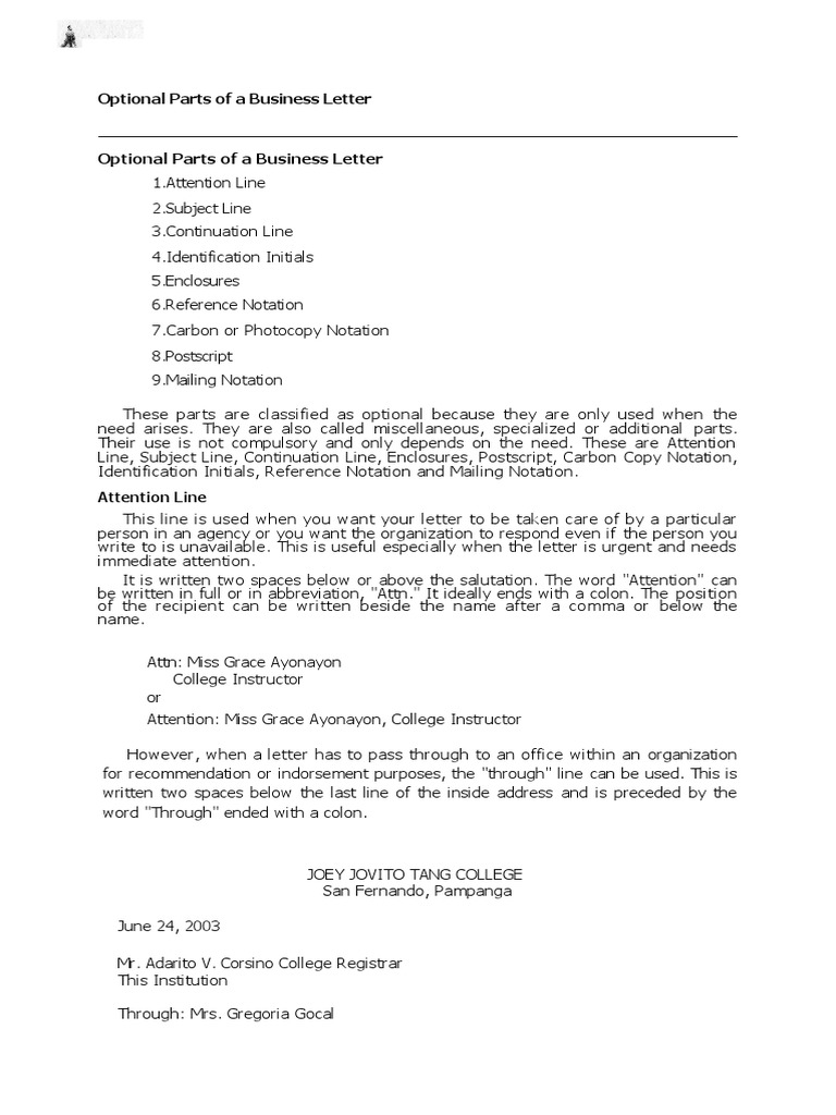 Optional Parts of A Business Letter | PDF | Writing | Printing