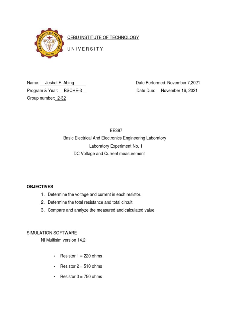 BSCHE-3 Lab: DC Voltage & Current | PDF | Electrical Network | Resistor