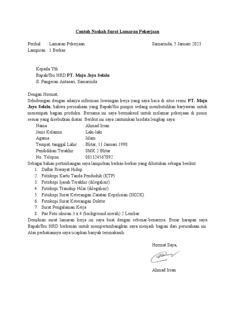 Contoh Naskah Surat Lamaran Pekerjaan | PDF
