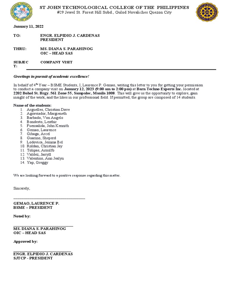 Company Visit Request for BSME Students | PDF | Home & Garden | Wellness