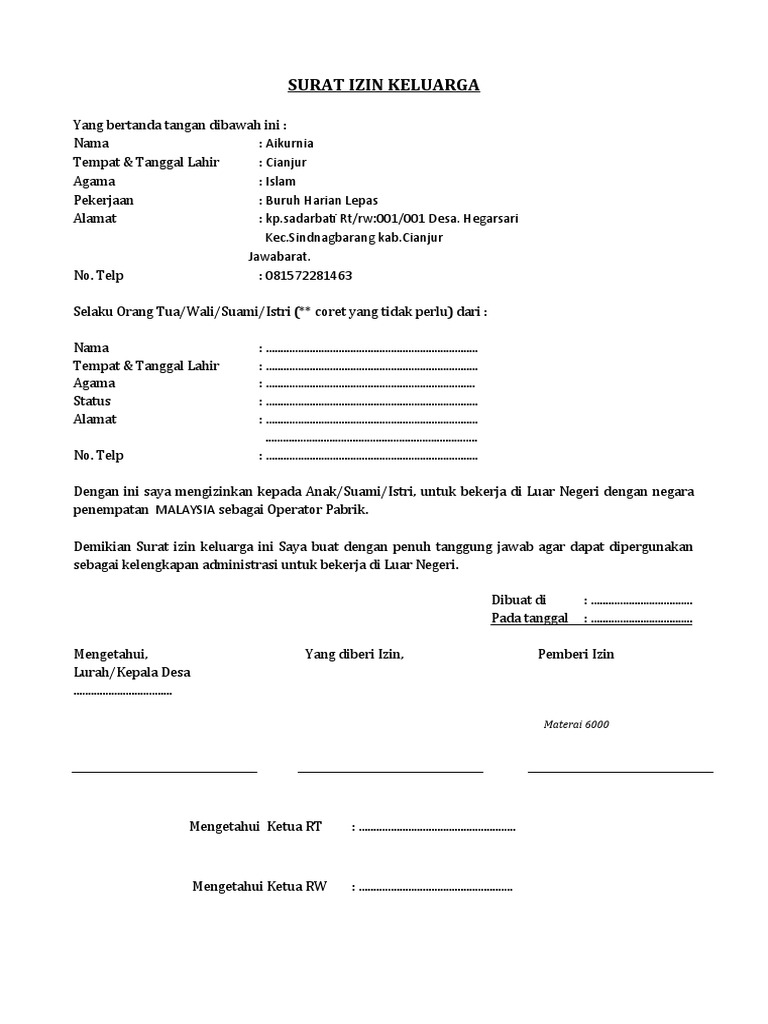 Surat Izin Keluarga Revisi Pabrik | PDF