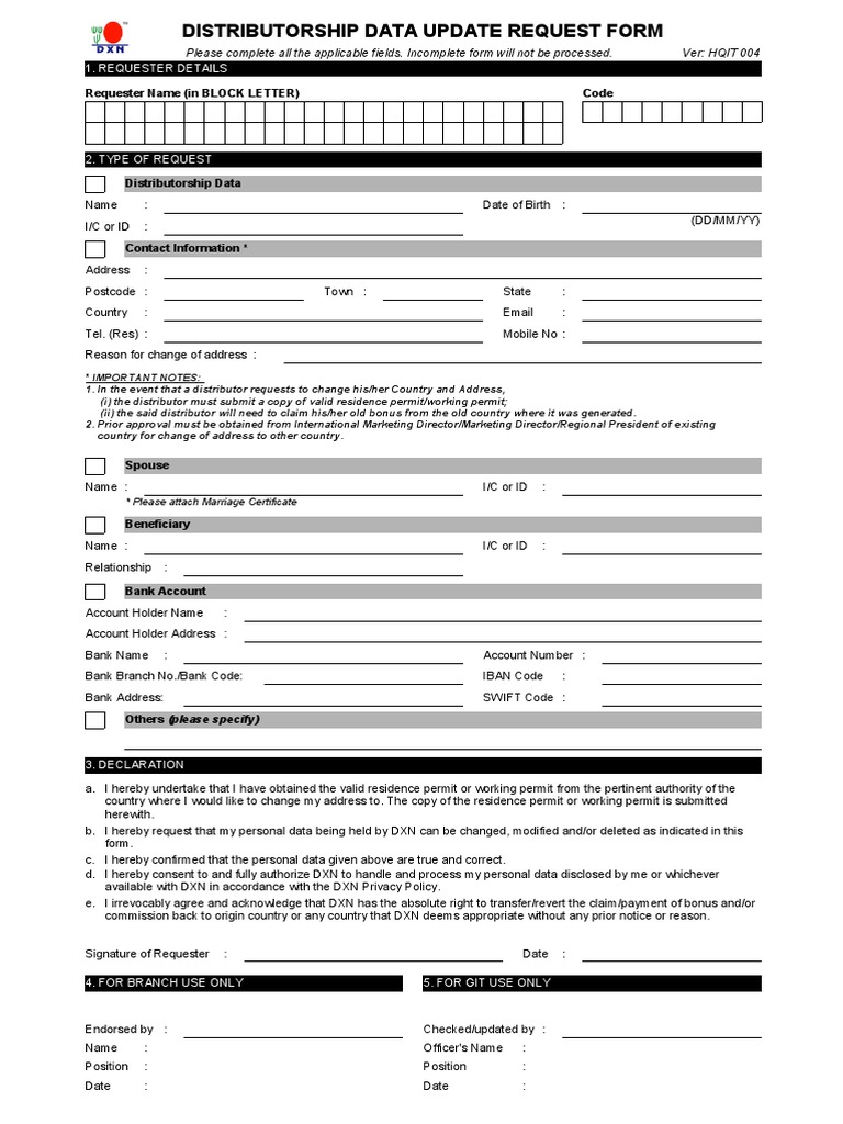 DXN Distributorship Data Update Request Form - Version 4 | PDF | Law