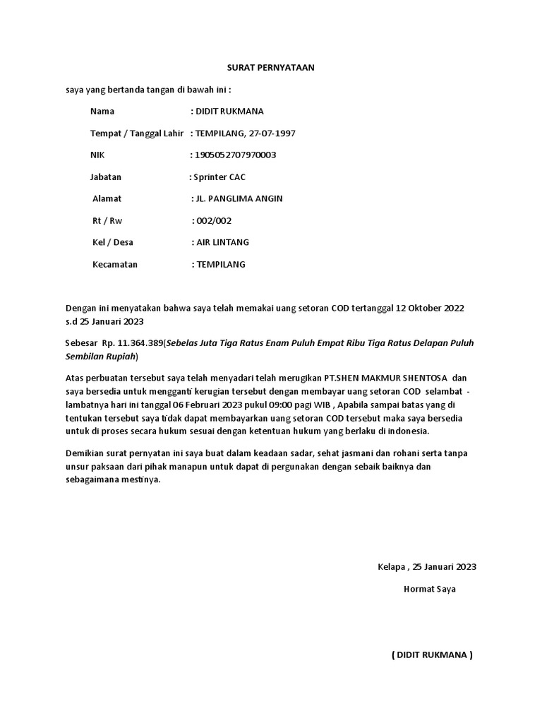 Surat Pernyataan Didit Rukmana | PDF