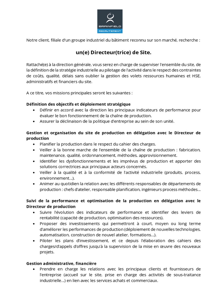 Fiche de Poste Exemple Directeur Site | PDF | Business | Gestion des ...