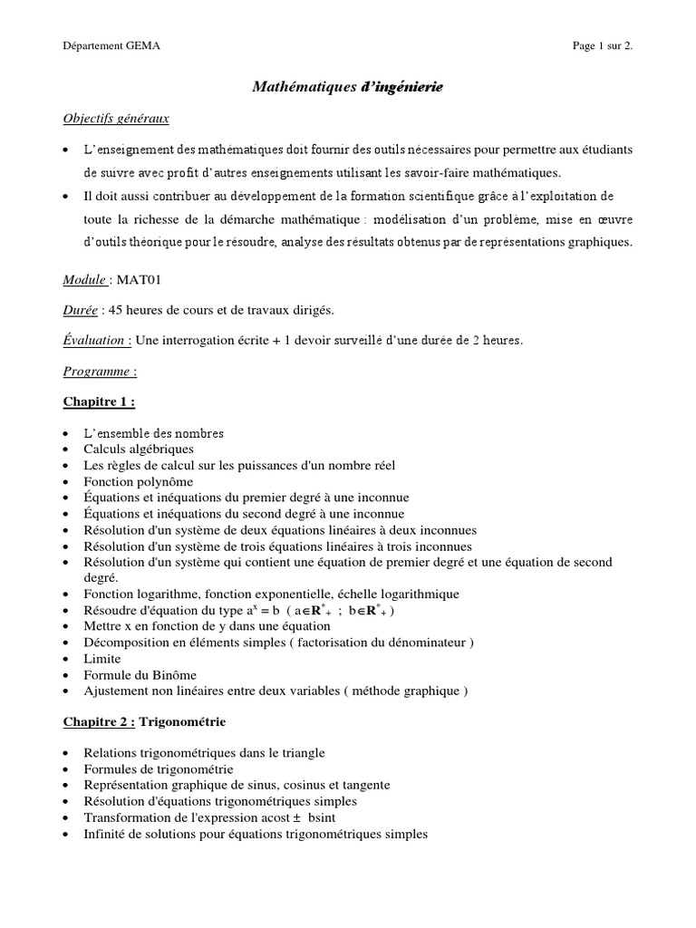 Mathématiques d'ingénierie : Module MAT01 | PDF | Équations | Fonction ...