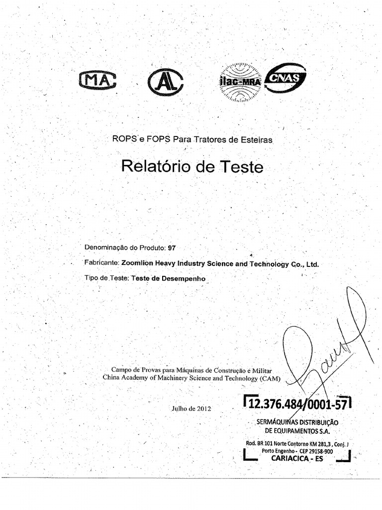 Relatório ROPS E FOPS (ZOOLINE) | PDF