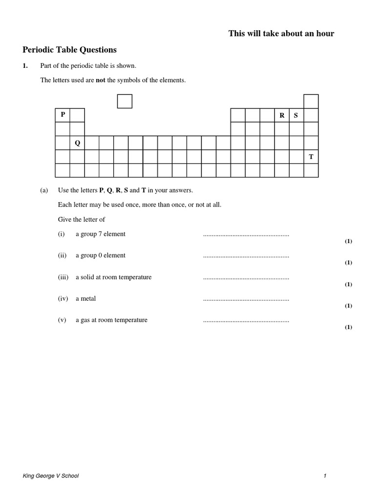The Periodic Table Practice Questions PDF Chlorine Chemical Reactions