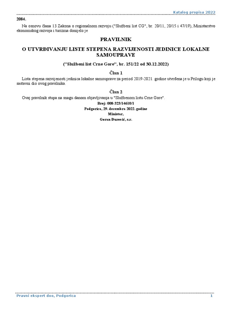 Pravilnik o Utvrdjivanju Liste Stepena Razvijenosti Jedinice Lokalne ...