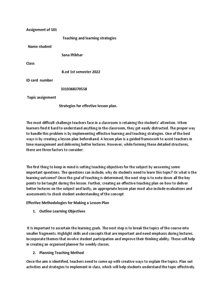 Teaching and Learning Strategies - Assignment | PDF | Teaching Method ...