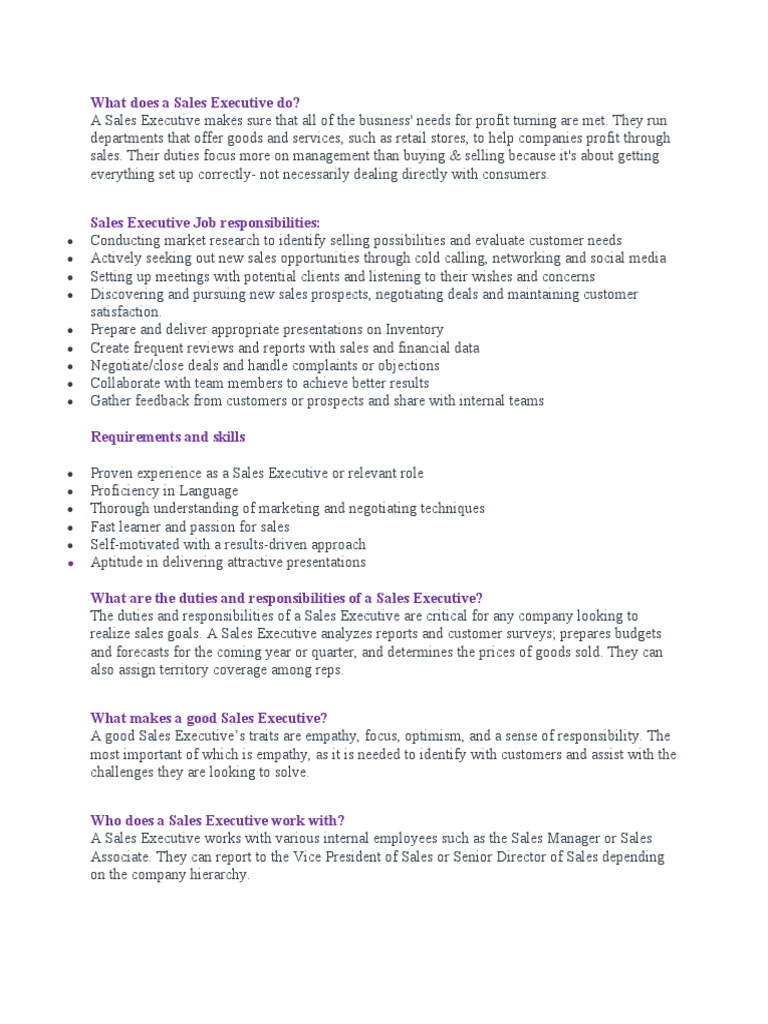 Sales Executive Roles and Responsibilities | PDF
