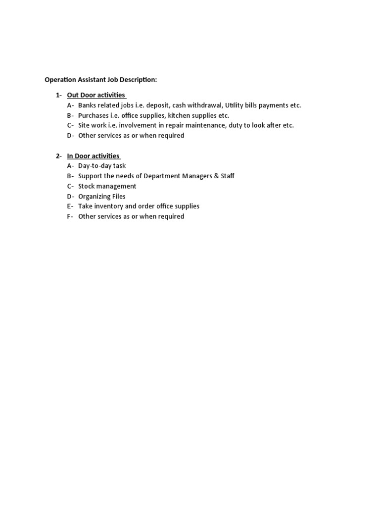 Operation Assistant Job Description PDF