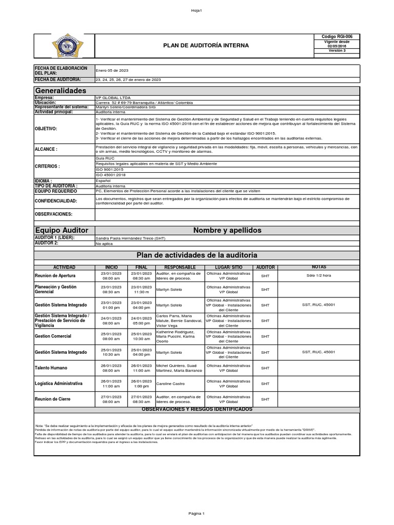 Plan de Auditoría Interna 2023 | PDF | Auditoría | Sistema de manejo de ...