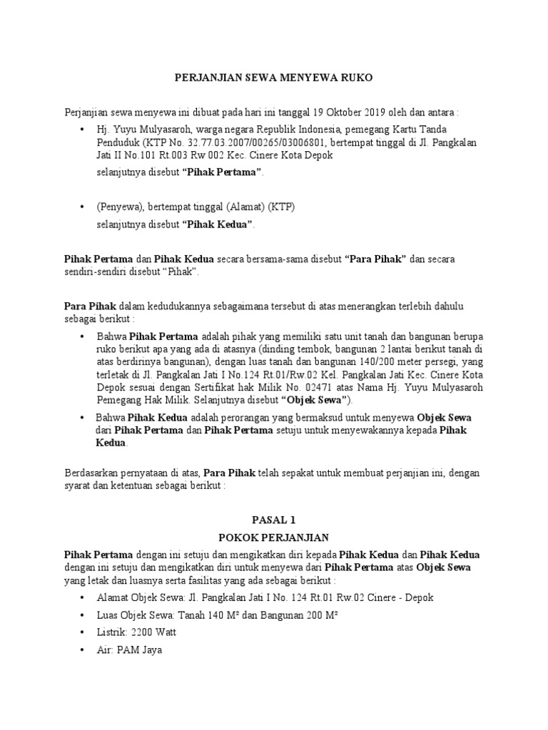 Perjanjian Sewa Ruko Cinere 2019 | PDF