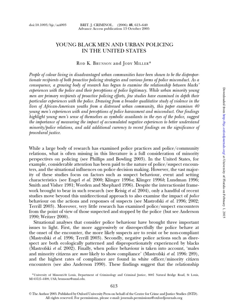 Brunson & Miller (2006) Young Black Men and Urban Policing in The