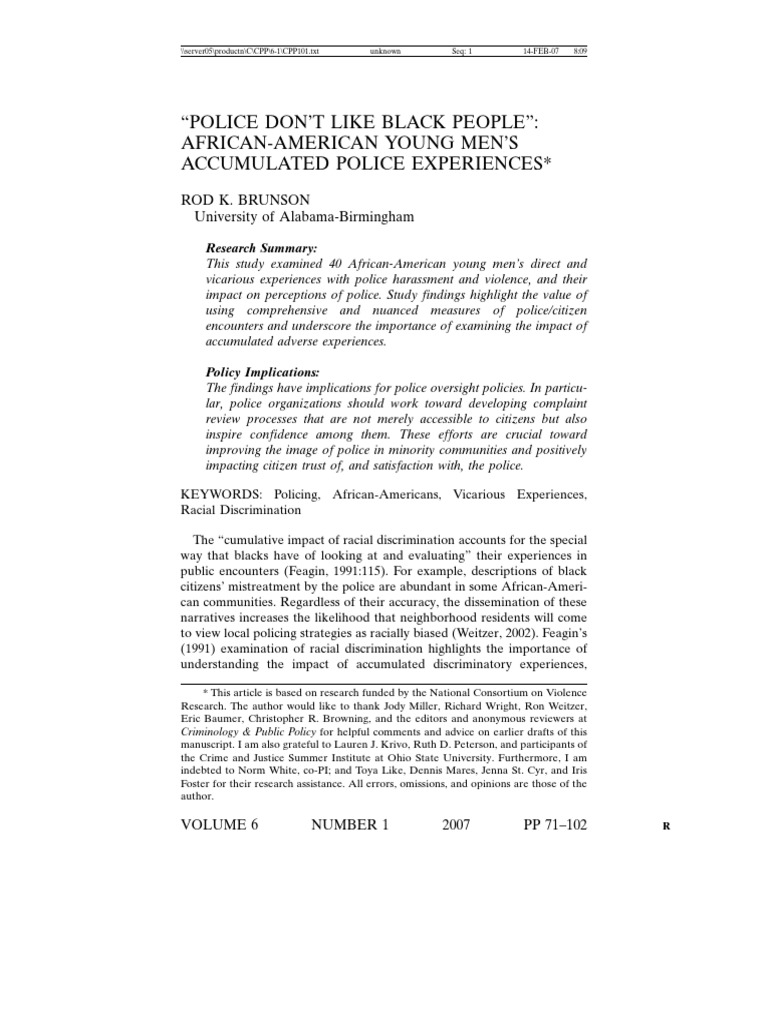 Brunson (2007) Police Dont Like Black People PDF Police Experience