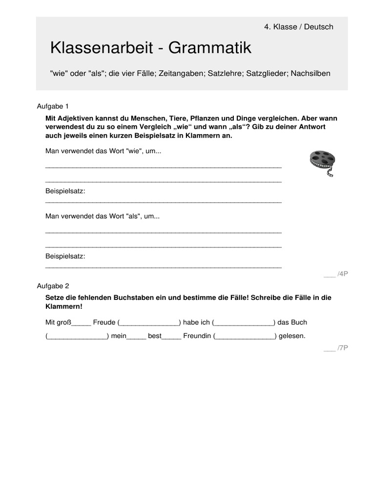 Klassenarbeit - Grammatik: 4. Klasse / Deutsch | PDF