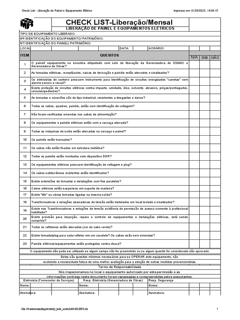 Check-List de Liberação Elétrica | PDF | Eletricista | Fiação elétrica