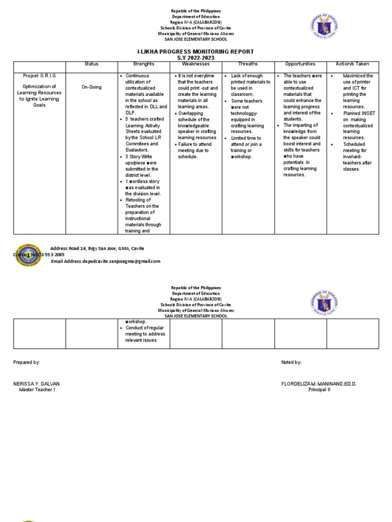 San Jose Elementary School Progress Report | PDF | Teachers | Cognition
