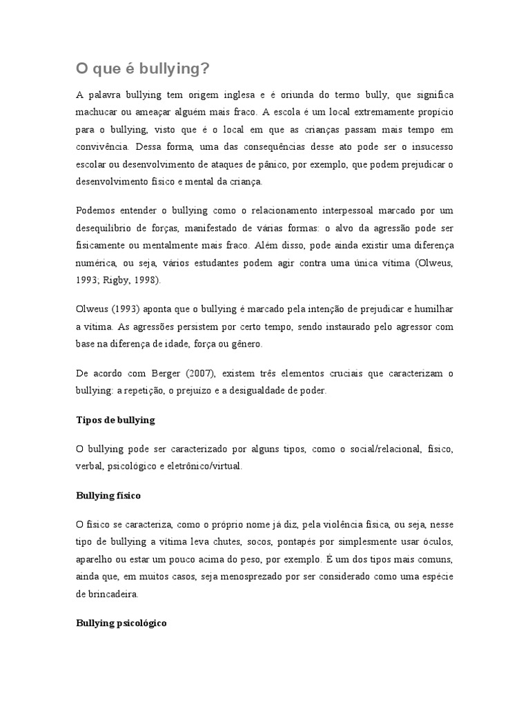 O Que É Bullying | PDF | Assédio moral/bullying | Psicologia