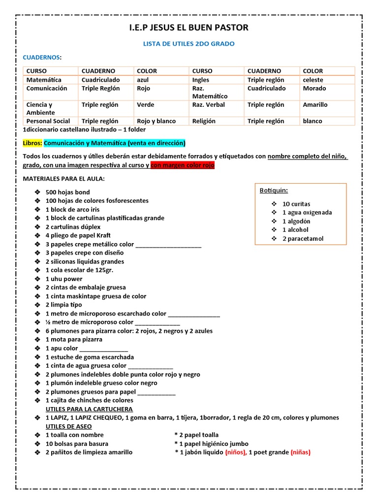 Lista de Útiles 2° Grado 2024 | PDF | Qualia | Visión