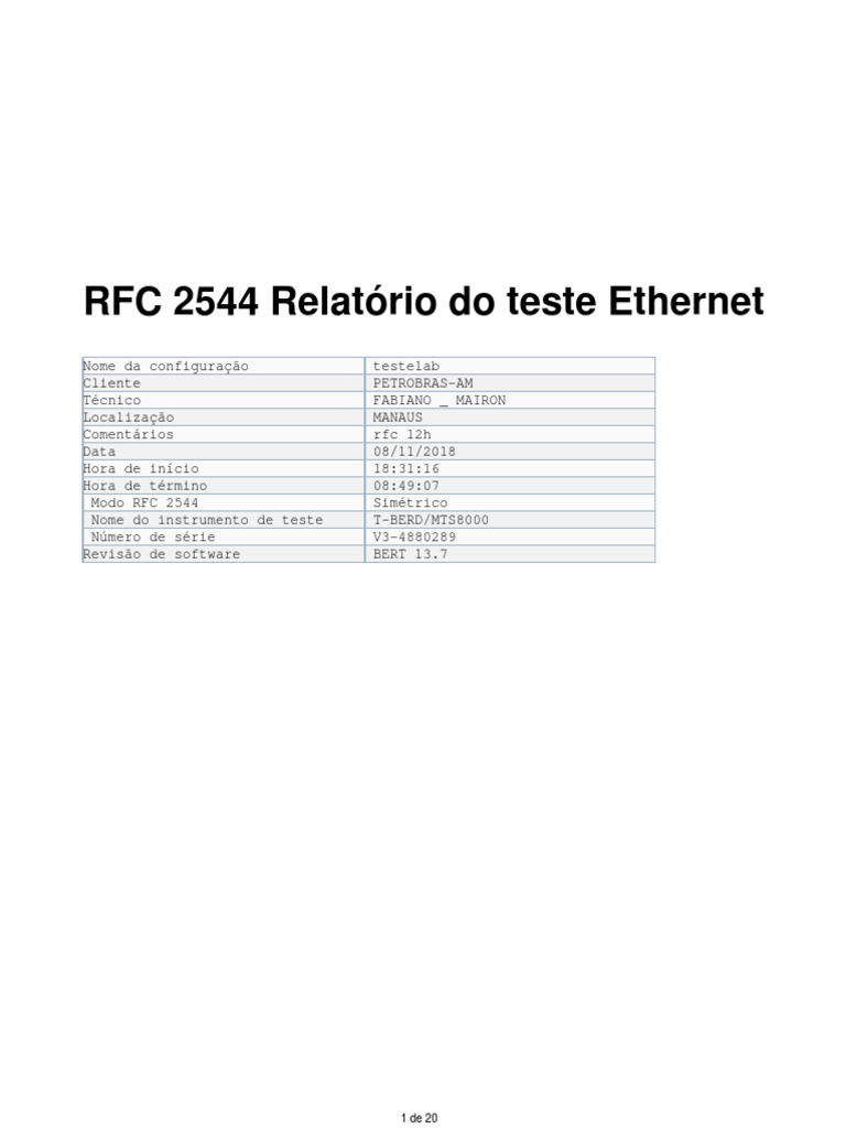 Relatório de Teste Ethernet RFC 2544 | PDF | Redes de computadores ...