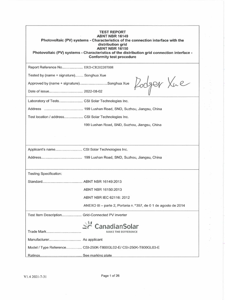 Csi 250k t800 Abnt Report | PDF | Photovoltaic System | Power Inverter