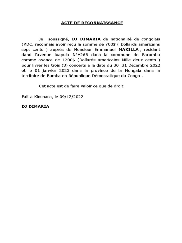 Acte de reconnaissance de paiement | PDF
