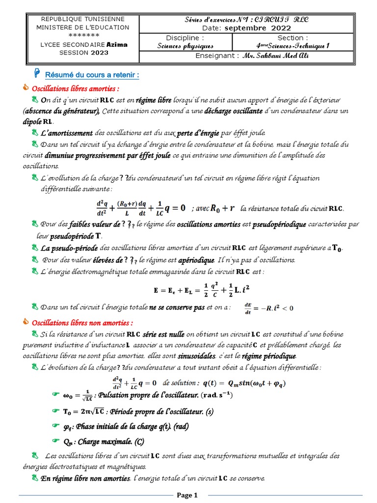 Exercices sur les Circuits RLC Amortis et Libres | PDF | Condensateur ...