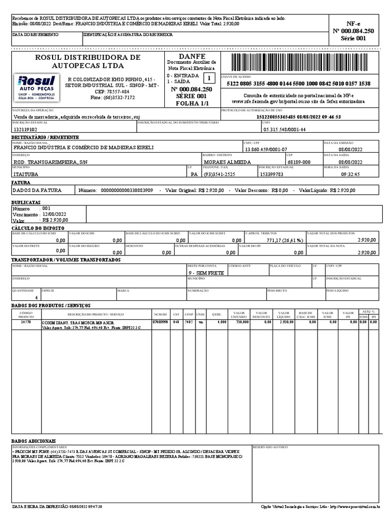 Nfe 84250 | PDF | Recibo | Contabilidade