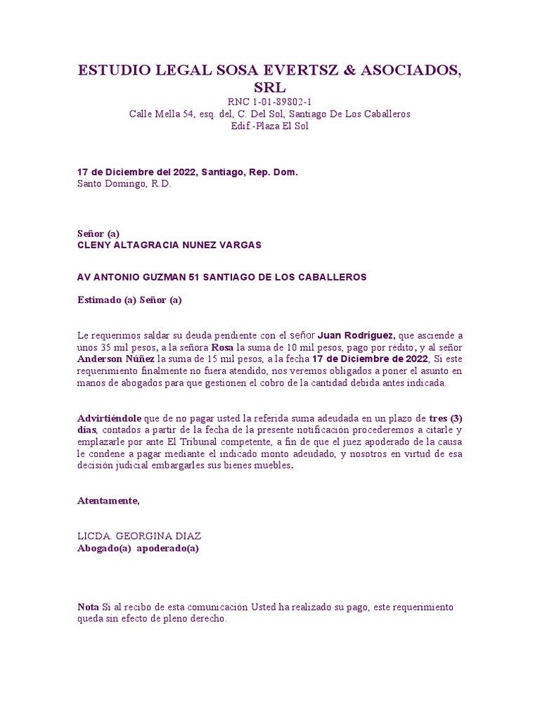 Requerimiento de Pago a Cleny Núñez | PDF