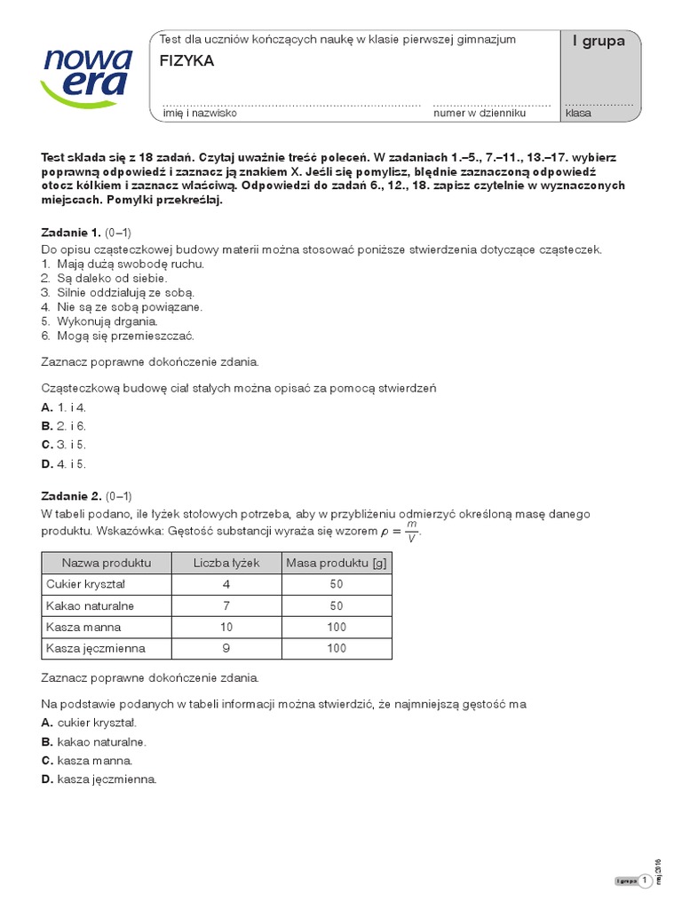 Test Dla Uczniów Kończących Naukę W Klasie Czwartej Nowa Era FIZYKA Test Dla Uczniów Kończących Naukę W Klasie Pierwszej Gimnazjum | PDF