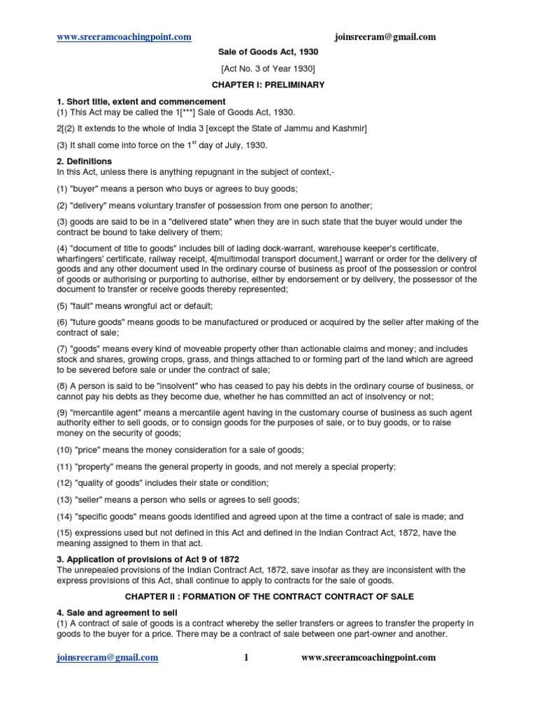 Sale of Goods Act 1930 Implied Warranty Contractual Term Free 30