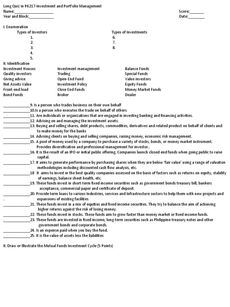 Long Quiz in Investment Port PDF Investing Stocks