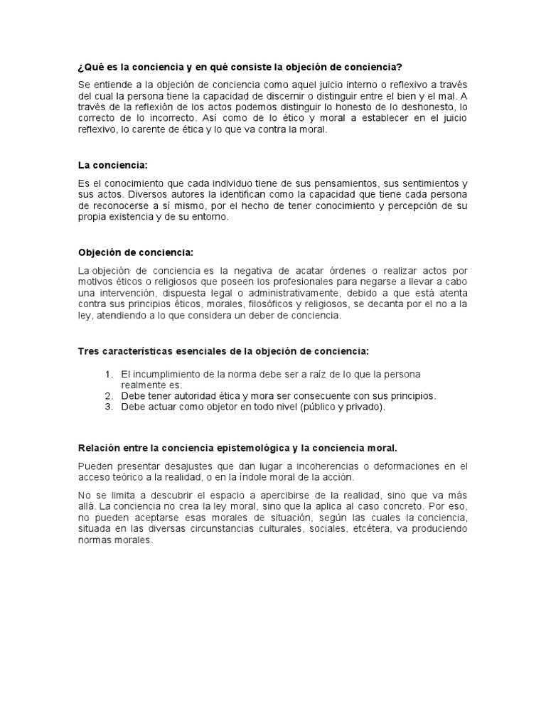 Qué Es La Conciencia y en Qué Consiste La Objeción de Conciencia | PDF ...