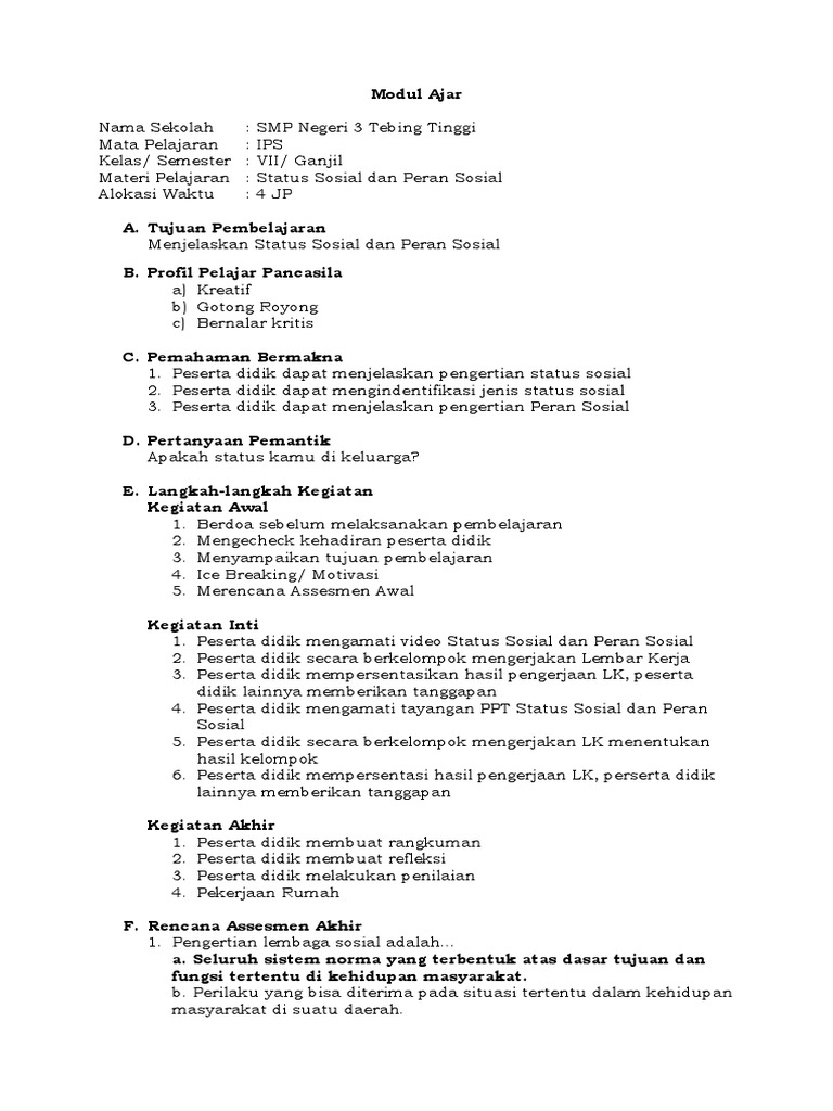 Modul Ajar 7 Status Sosial Dan Peran Sosial PDF