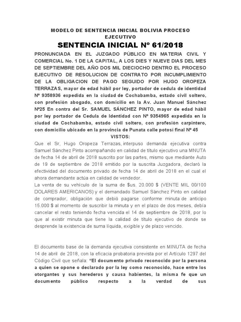 Modelo de Sentencia Inicial Bolivia Proceso Ejecutivo | PDF | Ley