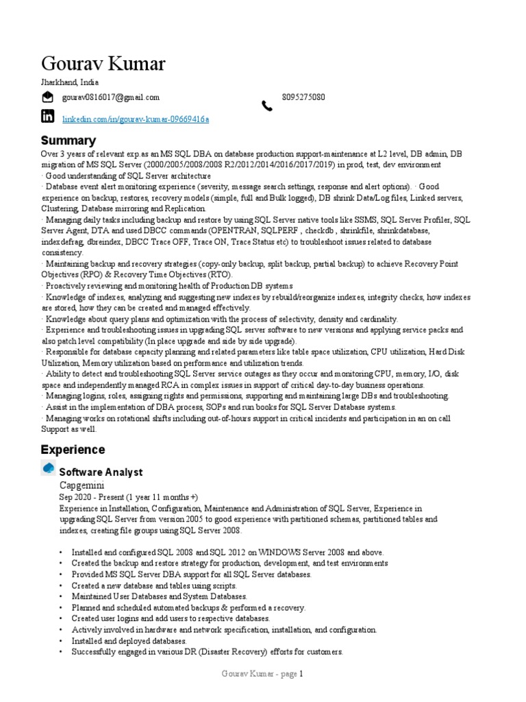 Resume Gourav Kumar | PDF | Microsoft Sql Server | Databases