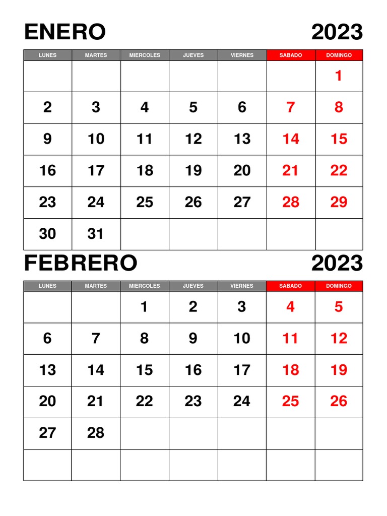Calendario Enero Febrero 2023 | PDF