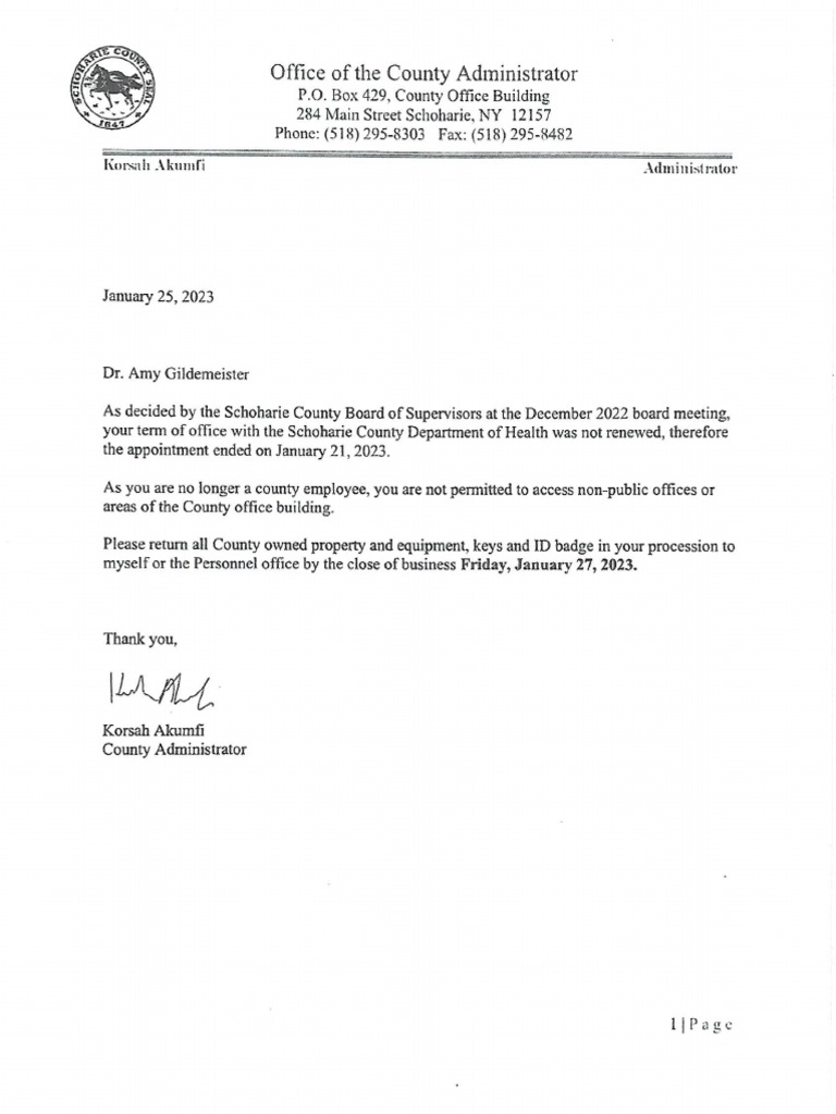 Schoharie County Health Director Barred From Government Offices PDF