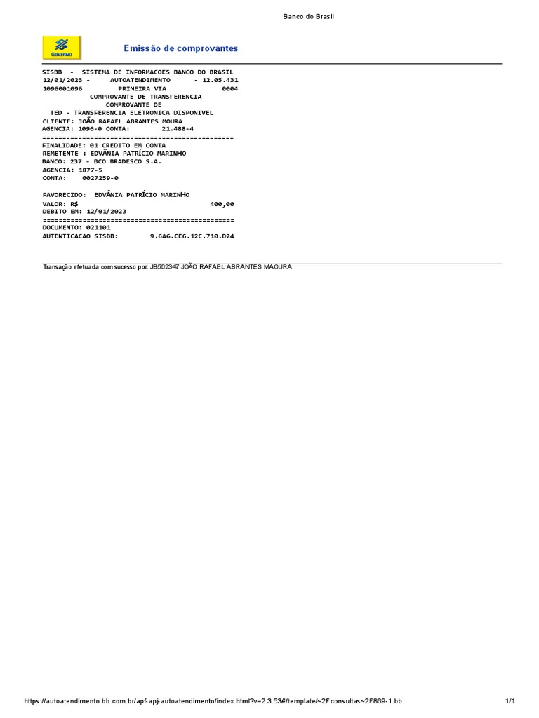 Comprovante de transfer ncia banc ria ted no valor de r 400 00