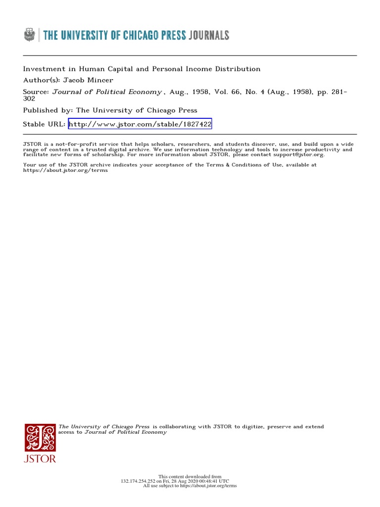 1958 Jacob Mincer Investment in Human Capital and Personal