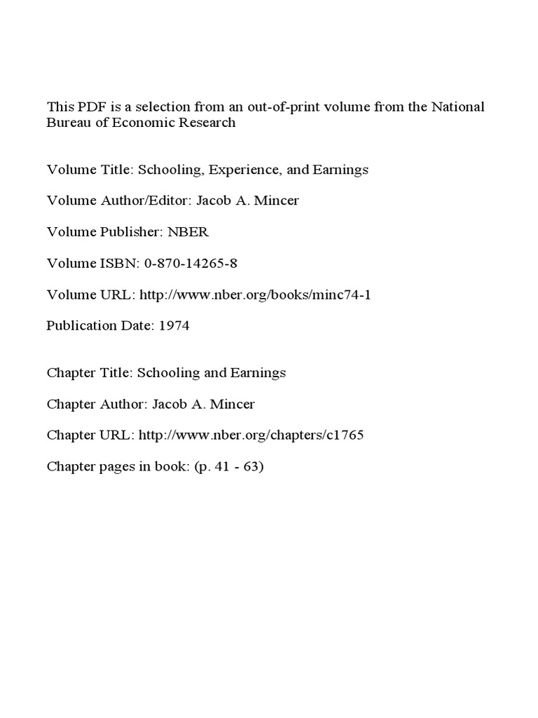 1974 Jacob A Mincer Schooling and Earnings PDF Errors And
