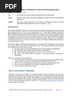 Magruder High School After Action Report Addendum