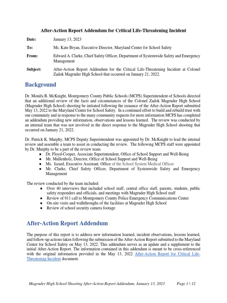 Magruder High School After Action Report Addendum | PDF | Emergency ...