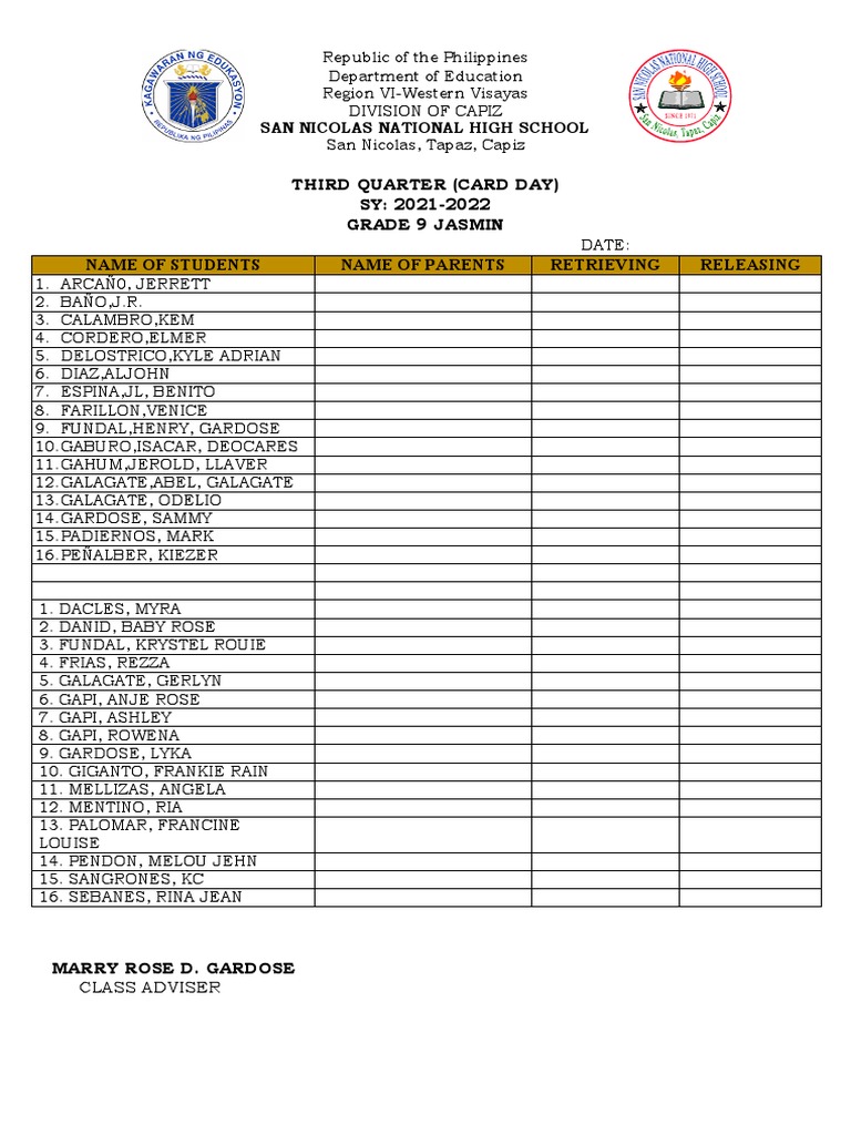 Student Parent Sign Out Sheet