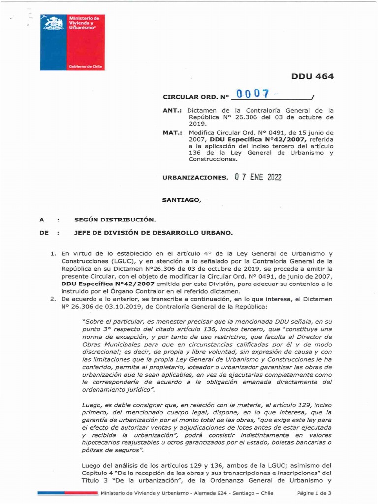 Modificación Circular DDU 464 Urbanismo | PDF | Chile | Gobierno