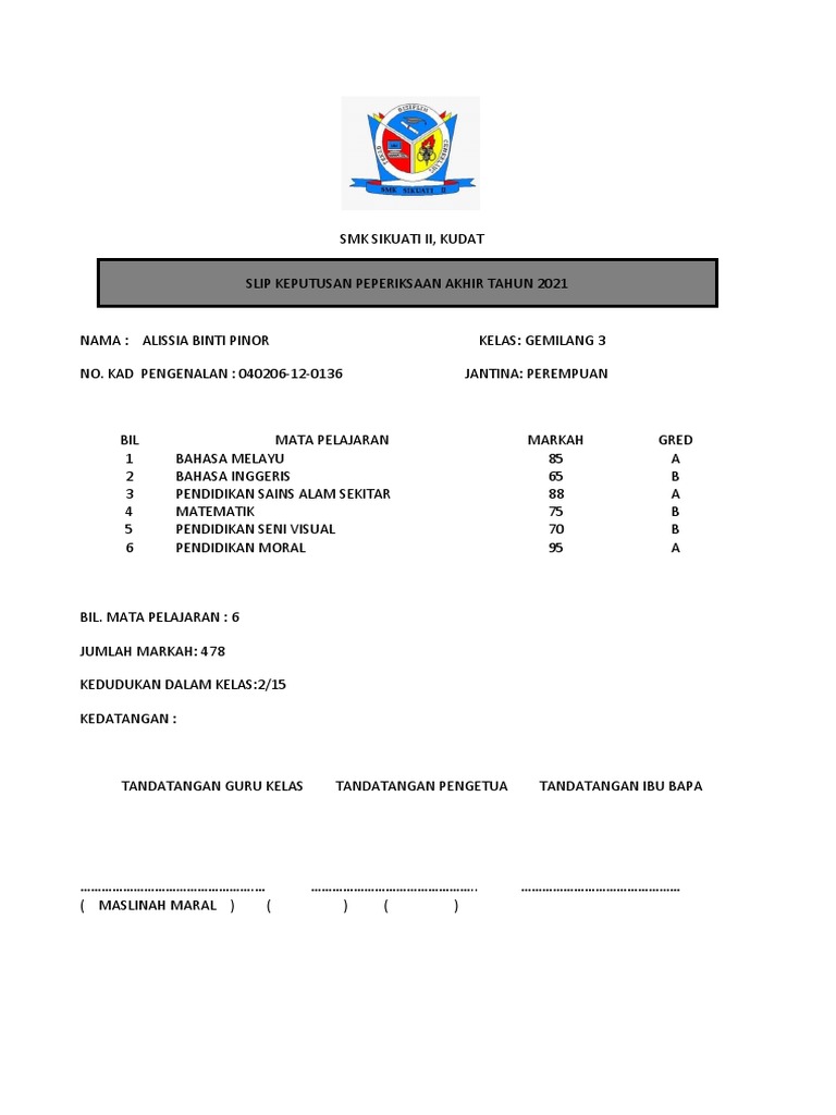 Slip Keputusan Peperiksaan Akhir Tahun PDF